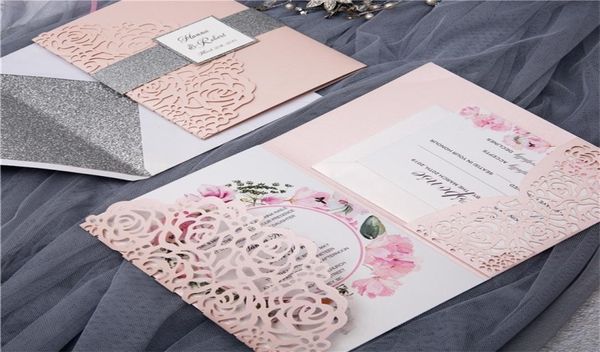 50 Stück lasergeschnittene Rosen-Hochzeitseinladungen, dreifach gefaltet, silberfarben, glitzernd, individuelle Geburtstags-Grußkarte, RSVP-Karten, IC132 2207113244174