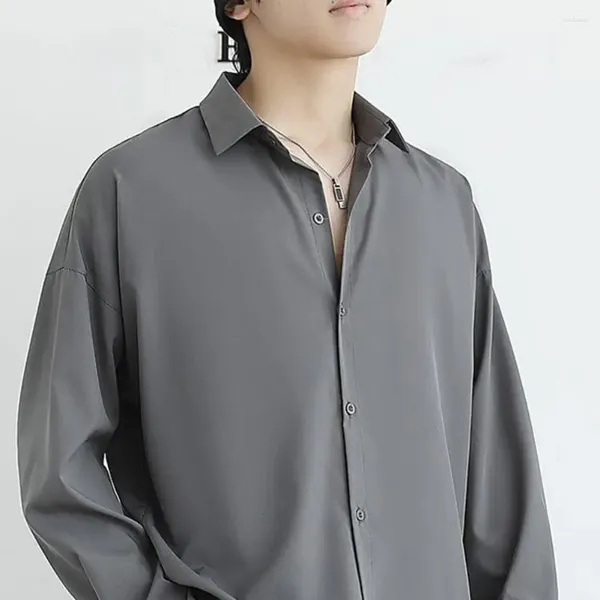 Camisas casuais masculinas homens camisa formal elegante negócio clássico turn-down colarinho solto ajuste design de cor pura para o outono