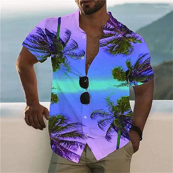 Camicie casual da uomo Camicia da uomo Hawaiian Coconut Graphic stampato colletto alla coreana Abbigliamento con bottoni a maniche corte da spiaggia grigio rosa.