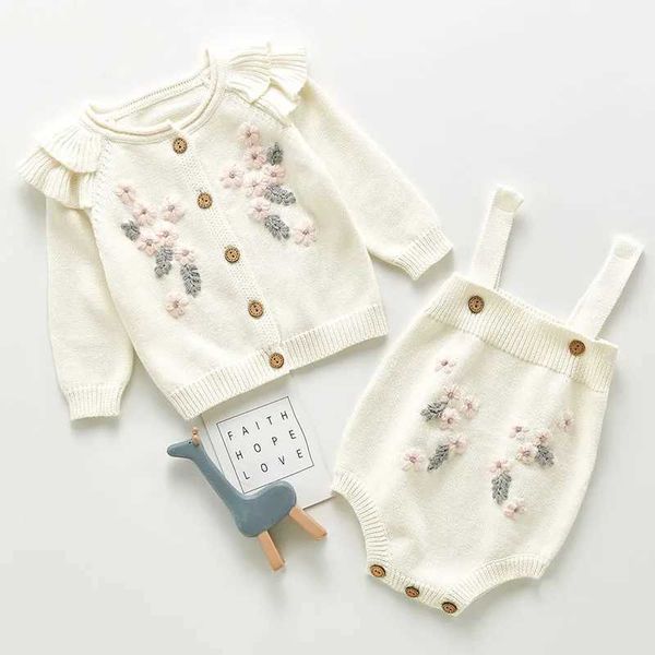 Kleidung Sets Neue Frühling Herbst Infant Baby Mädchen Stricken Langarm Blume Mantel Hosenträger Strampler Kleidung Sets Kinder Mädchen Anzug kleidung