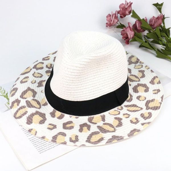 Berretti Cappello di paglia con stampa leopardata Lettera Fiocco Estate Secchiello Ladies Sun Fedora Uomo e donna