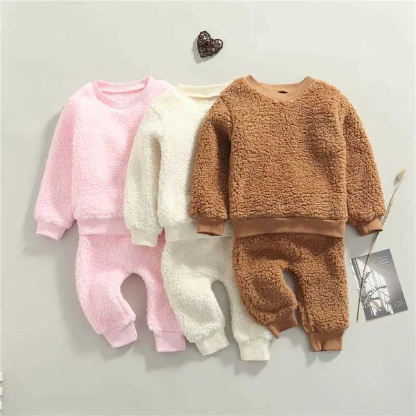 Set di abbigliamento Completi caldi invernali per bambini Solido Rosa Marrone Peluche Maglione a maniche lunghe Top Pantaloni lunghi Abiti Set per neonati e ragazze