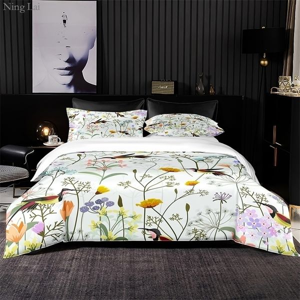 Bettwäsche-Sets, Blumen- und Vogelmuster, Bettbezug 220 x 230 cm, mit Kissenbezug, schwarzer Satin-Nachahmung, Bettbezug, Bettwäsche-Set, TwinQueen, Super King, 231124