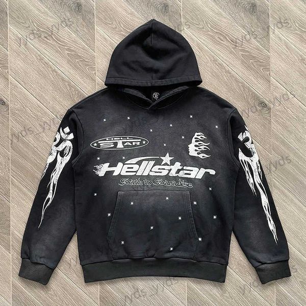 Moletom com capuz masculino Hellstar Vintage Wash Black Distressed Hoodie High Street Frente e Costas Impresso 1 1 Solto Moletom Esportivo Masculino e Feminino T231127