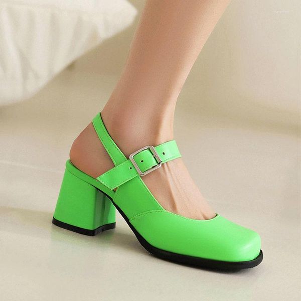 Scarpe eleganti Arancione Verde Punta chiusa Donna Summer Square Chunky High Heels Mary Janes Lady Pumps Slingback Buckle Strap Chic Sandali