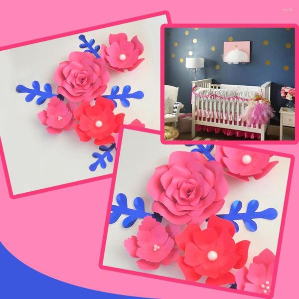 Декоративные цветы ручной розовой роза легко изготовленные бумажные листья синие листья, установленные для детской стены деко деко -душевой комнаты для девочек на фоне видео