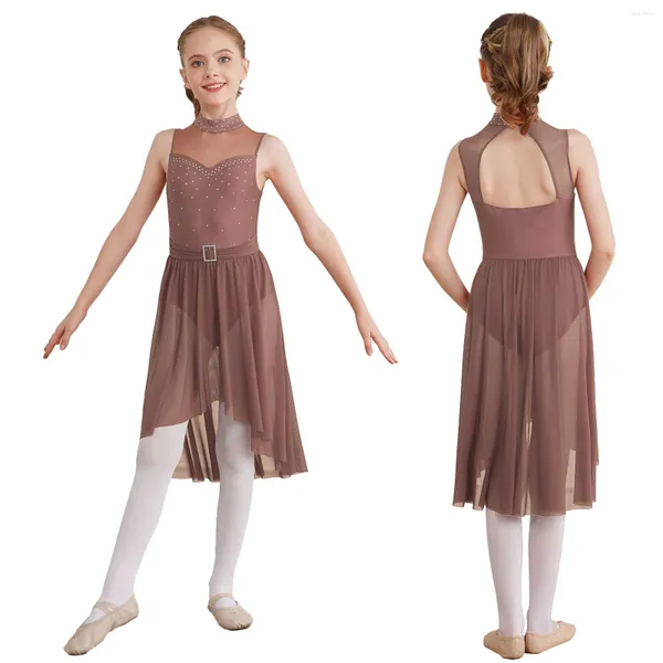 Bühnenkleidung Kinder Mädchen Lyrical Modern Dance Kleid Ärmellos Hohl Strass Ballett Gymnastik Trikot Kleider Eiskunstlauf Dancewear