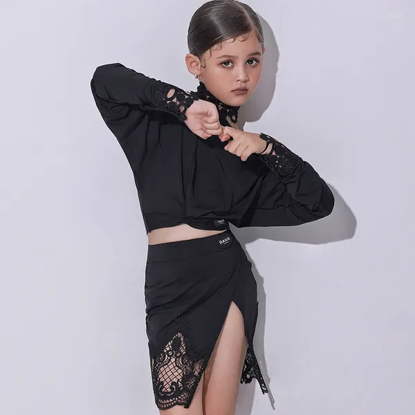 Palco desgaste 2023 trajes de dança latina para meninas crianças high-end preto manga comprida saia de renda terno samba tango vestido