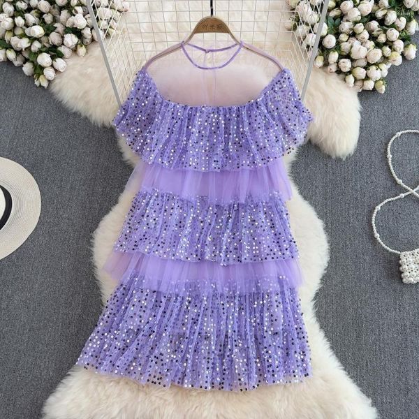 Casual Kleider Pailletten Mesh Sweet Party Dress 2023 Sommer Lose Plissee Midi Tüll Weibliche Ärmel Kuchen Vestidos