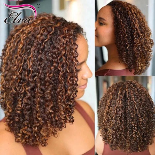 Parrucche corte per capelli Elva Parrucca frontale in pizzo riccio umano 13x6 Bob Glueless per donne vergini