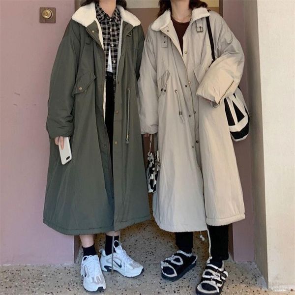 Parka addensato in pelle Abbigliamento invernale da donna Cappotto oversize casual Moda donna Parka in cashmere sciolto Cappotti lunghi cargo Nero Verde