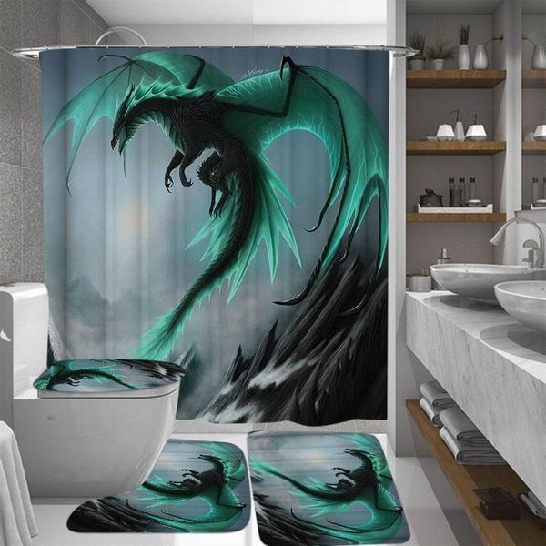 Vorhänge, fliegender Drache, bedruckt, wasserdicht, Duschvorhang-Set, WC-Abdeckung, Matte, rutschfeste Badteppiche, Badezimmer-Set, Halloween-Weihnachtsdekoration