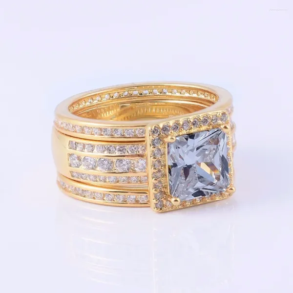 Anéis de cluster luxo 925 prata esterlina simulado anel de diamante conjunto 3-em-1 jóias femininas amarelo ouro banhado casamento para mulheres tamanho 5-10