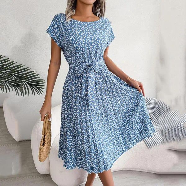 Lässige Kleider We.Fine Sommer Kurzarm Ficusrong Fashion Floral Plissee A-Linie Langes Kleid Frauen Frühling Hohe Taille Chic