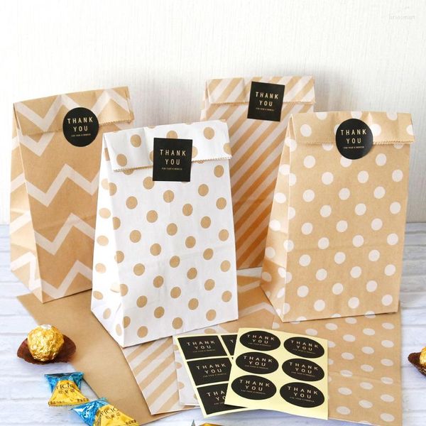 Confezione regalo 5 pezzi/set sacchetto di carta Kraft a righe a pois, confezione retrò creativa per biscotti, con adesivi