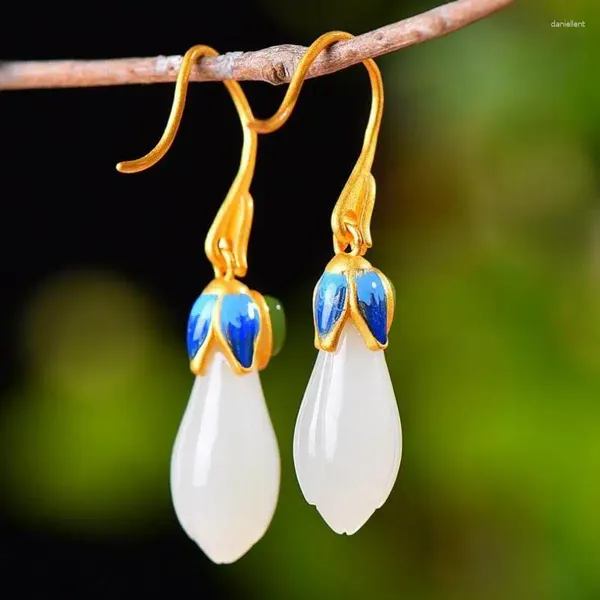 Dangle Oorbellen Natuurlijke Witte Jade Orchidee Cloisonne Emaille 925 Sterling Zilver Tian Jades Nefriet Bloem Drop Earring Vrouwen