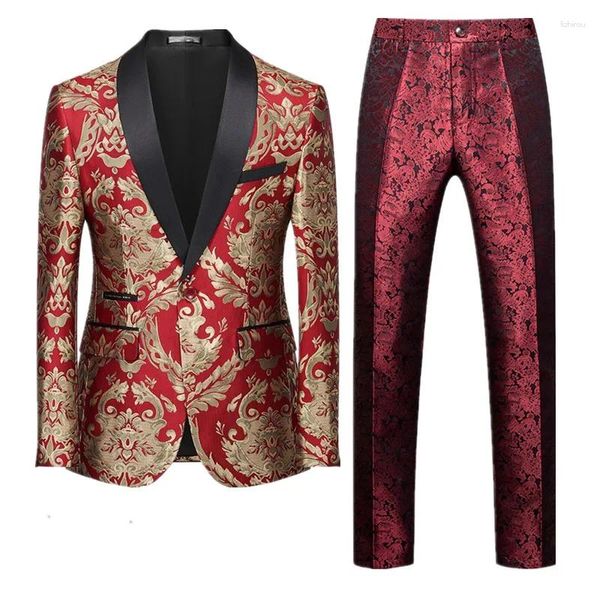 Herrenanzüge, Herren-Jacquard-Anzug, 2-teilig, Schwarz/Blau, Rot, modisch, luxuriös, Business, Hochzeit, Abschlussball, Party, Kleid, Blazer, Jacke und Hose