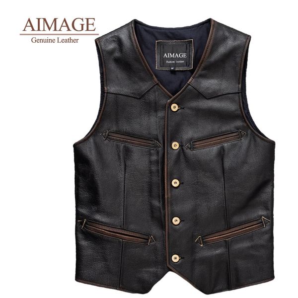 Gilet da uomo uomo 100% vera giacca di gilet in vera pelle Gilet da moto in pelle vintage Slim Fit Gilet di vera mucca Bike 231127