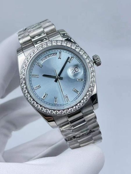 Moda feminina relógio mecânico automático à prova d'água luz azul data superfície 36mm anel de diamante fivela dobrável de aço inoxidável relógio feminino