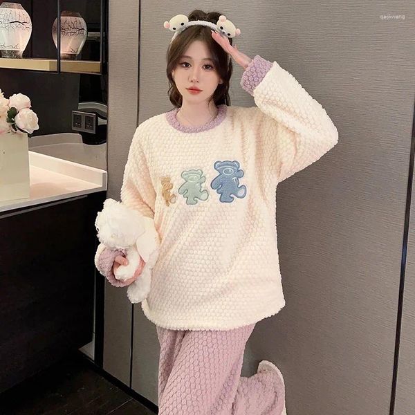 Kadınlar İçin Kadınlar İçin Sweetwear Flanel Pijama Seti 2023 Kış Prenses Moda Pijama Terzyosu Uzun Kollu Sıcak Ev Giyim Coral Velvet