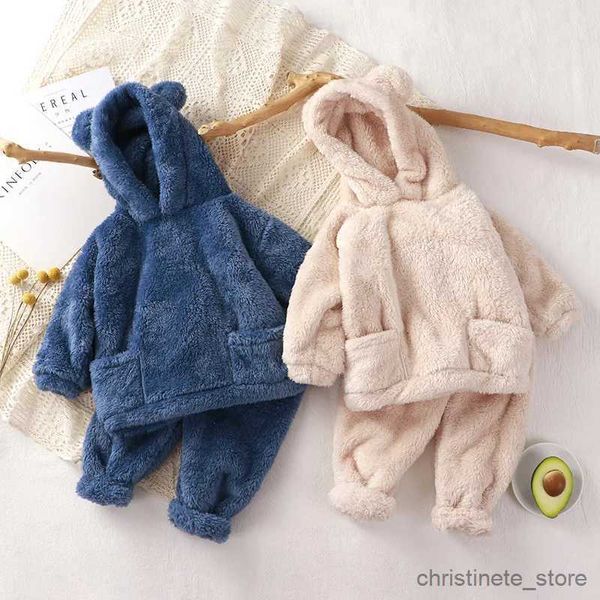 Giyim setleri sonbahar kış bebek kıyafetleri seti pazen polar kapüşonlu sweatshirt pantolon 2 adet bebek salon giyim erkek kızlar kıyafet kalın çocuk pijama r231127