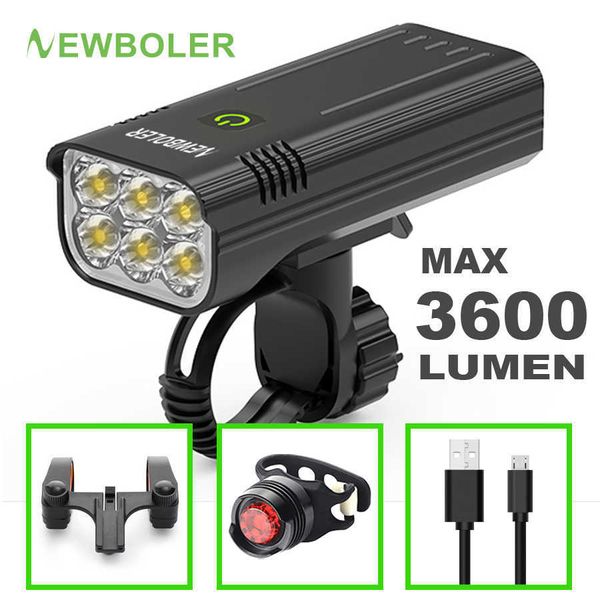 Luzes de bicicleta Newboler Bicycle Light 3600 lúmens USB Luz de bicicleta MTB à prova de chuva USB Conjunto com 2 suporte 5200mAh Acessórios para bicicleta de lanterna P230427