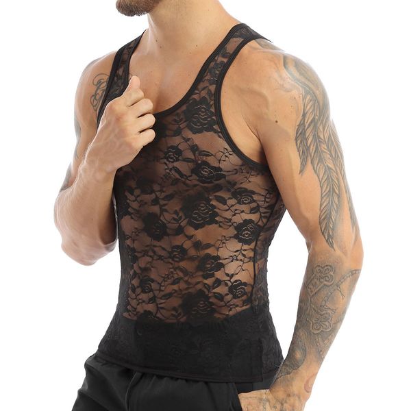 Tanques masculinos masculino mararia sexy veja através de lingerie u pescoço com o pescoço com mangas de renda floral de renda floral montada camiseta