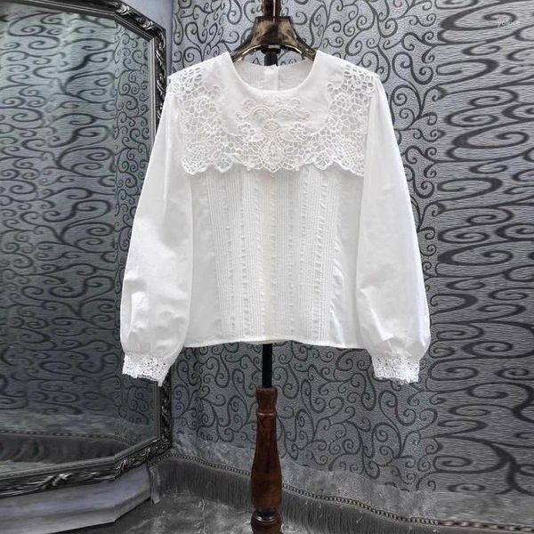 Damen Blusen Tops Mode Baumwolle Bluse Shirts 2024 Frühling Sommer Stil Damen Hollow Out Spitze Stickerei Langarm Casual Weiß