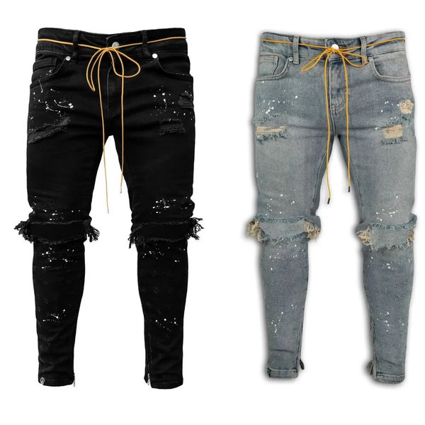 Jeans masculinos rasgados buraco jeans para homens hip hop carga calça angustiado luz azul denim jeans magros roupas masculinas comprimento total calças de outono 231124