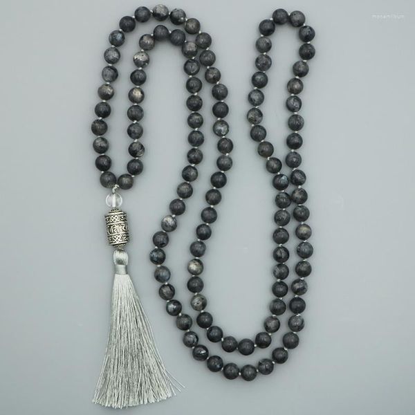 Colares pendentes Edothalia 8mm Black Labradorite Bad Mala Colar com seis palavras do Mantra Ture