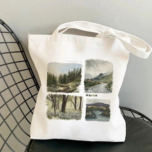 Sacos de compras Tecido Canvas Bolsa Flor Padrão de Desenhos Animados Viagem Mulheres Proteção Ambiental Ombro Reutilizável