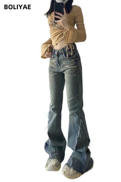 Женские джинсы Boliyae Raw Edge Design Расклешенные джинсы с высокой талией Y2k Модные брюки Harajuku Уличная одежда Тонкие простые потертые джинсовые брюки 231127