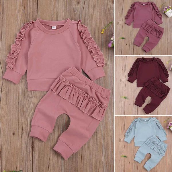 Conjuntos de roupas de 2 peças com babados fofos para bebês recém-nascidos meninas conjunto de manga comprida tops de algodão + calças outono inverno conjunto casual para crianças meninas