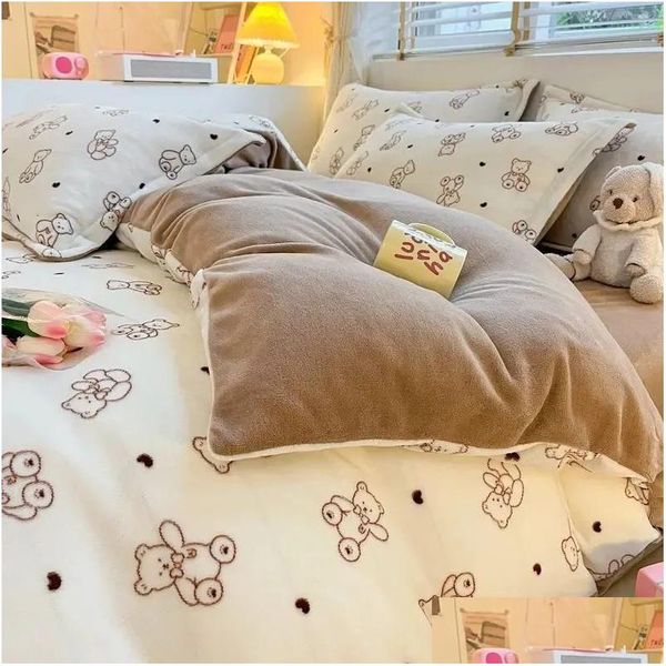 Bettwäsche-Sets Verdickte Milch Veet Vierteiliges Set Flanell Bettlaken Quilt Er Schlafzimmer Dreiteilige Korallen Warme Frische Drop Lieferung nach Hause G Dh2Wr