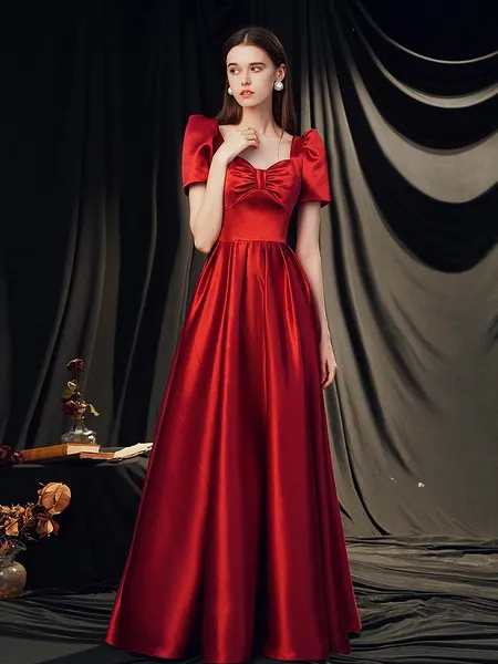 Vintage kırmızı gece elbisesi 2023 Prenses Korse Satin A-Line Uzun Festival Resmi Balo Kısa Kol Kısa Kollu Noel Kokteyl Elbise