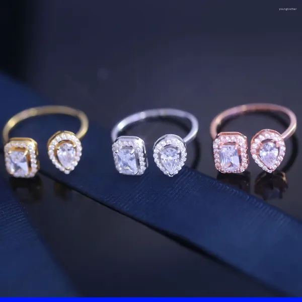 Cluster anéis de luxo boutique jóias 925 prata gota quadrado diamante aberto senhoras anel mais por favor o vídeo