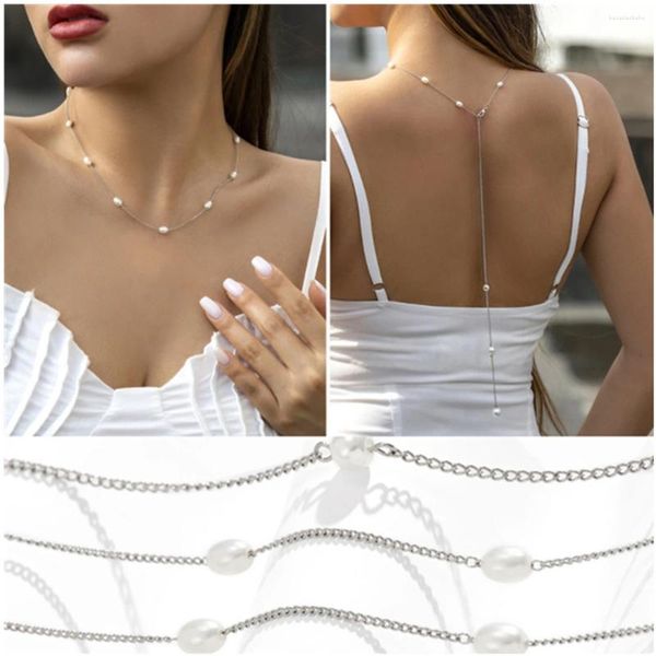 Catene da donna, moda spiaggia, catena posteriore da donna sexy, collana con frange di perle imitazione geometrica per ragazza