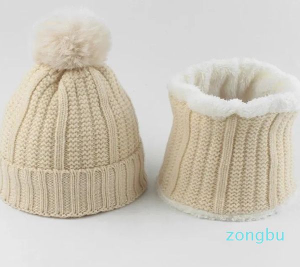 Berets Baby Hut Schal Set Winter Warme Jungen Mädchen Hals Kragen Bommel Mützen Für Kinder Kinder Fleece Liner Gestrickte Hüte