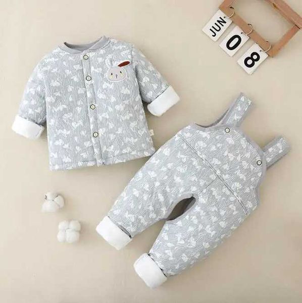 Комплекты одежды Детский сплит-комплект из двух предметов с двухслойным плюшем и утолщенным зимним стилем для мальчиков и девочек, брюки с открытым плечевым ремнем