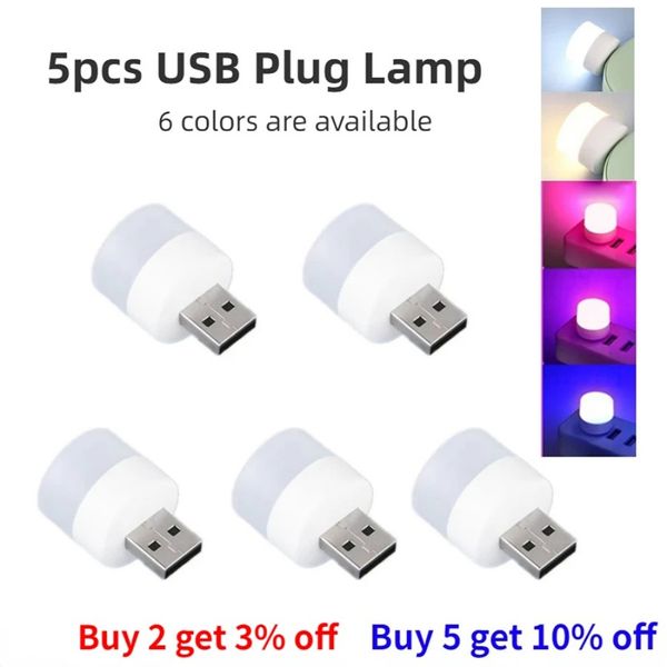 LED Bulbs 5pcs Mini USB Plug Lamp 5V Super Bright Eye Protection Book Light Computer Mobile Power Charging USB Small Round LED Night Light