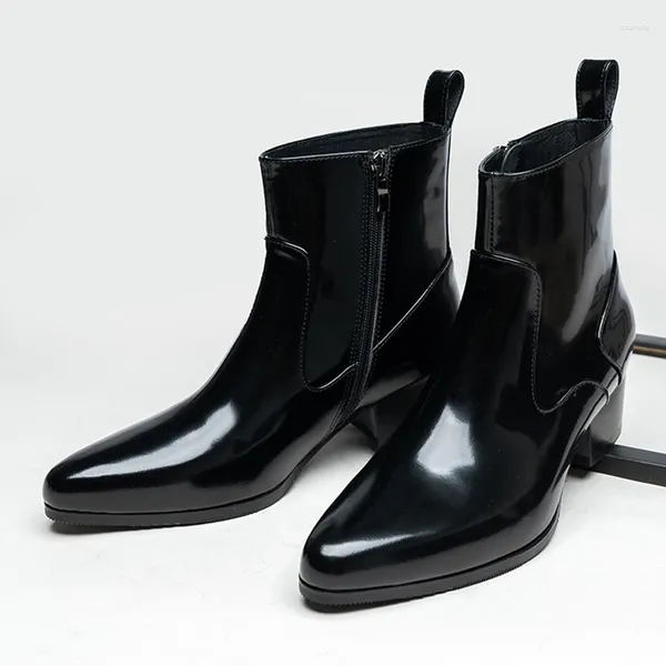 Botas Cool Man Deve Obter Brilhante Couro De Patente Apontou Toe Curto Homens Inverno Jantar Festa Formal Vestido Sapatos de Salto Alto Terno