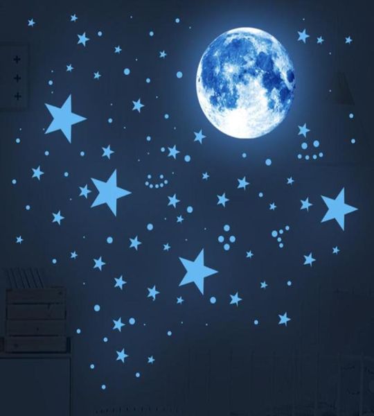 Stelle che si illuminano al buio per soffitto Luna fluorescente Decalcomanie da muro Adesivi per camera da letto per bambini Decorazione Asilo nido per bambini Soggiorno 22068926758