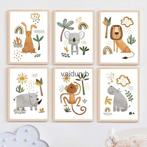 Wanddekoration, Dschungeltier, Löwe, Elefant, Giraffe, Nashorn, Kinderzimmer, Kunst, Leinwand, Malerei, Poster und Drucke, Bilder, Baby- und Kinderzimmer, Vaiduryb