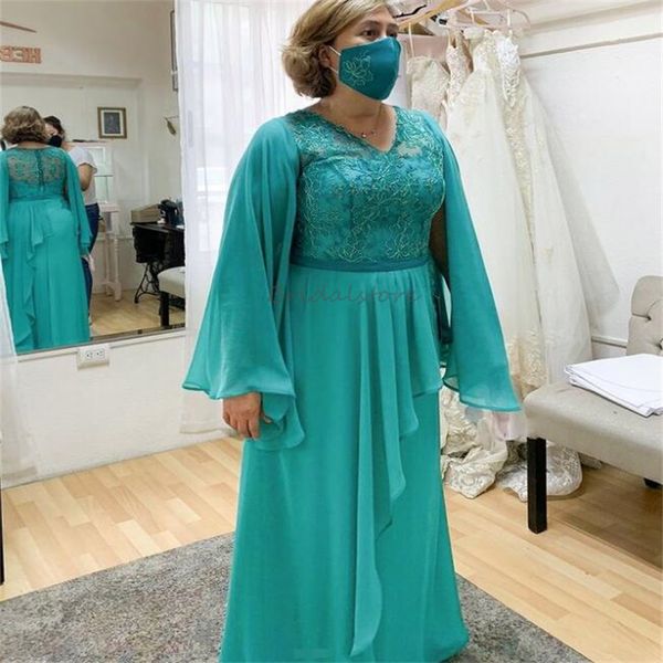 Türkisfarbenes Kleid für die Brautmutter in Übergröße, Cape, lange Ärmel, bodenlang, Chiffon, Hochzeitsgastkleid, 2024, sexy V-Ausschnitt, Spitze, für Damen, Abschlussball, Mutter, formelle Party