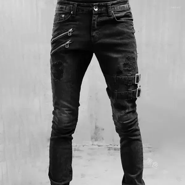 Jeans da uomo strappati pantaloni in denim con cerniera punk gotico gamba affusolata hip-hop slim fit motociclista da motociclista in difficoltà