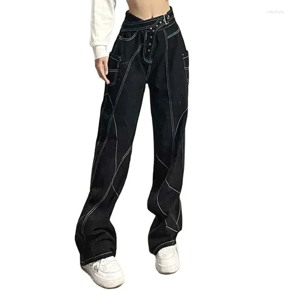 Jeans femininos iamty design sentido calos cintura botão alto estilo mulheres mostram personalidade frita rua casual moda reta
