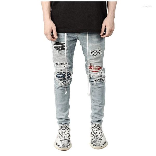 Herren Jeans Mode Lässig Herren Street Hip Hop Reise Sport Plaid Denim Zerrissene Patch Bleistifthose Schlank Stretch Gürtelhose