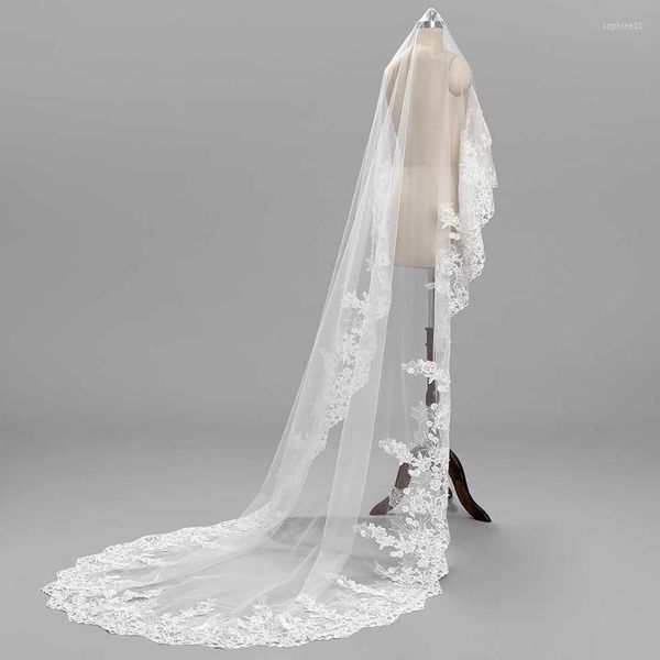 Veli da sposa 3 metri bianco avorio lusso lungo da sposa in rilievo bordo in pizzo velo con pettine accessori da sposa sposa musulmana