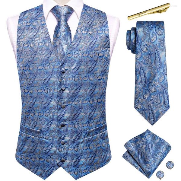 Erkek Yelekler Hi-Tie Business Blue Mens ipek klasik paisley yelek ceketi kravat hanky cufflinks klipler setler düğün resmi tasarımcı