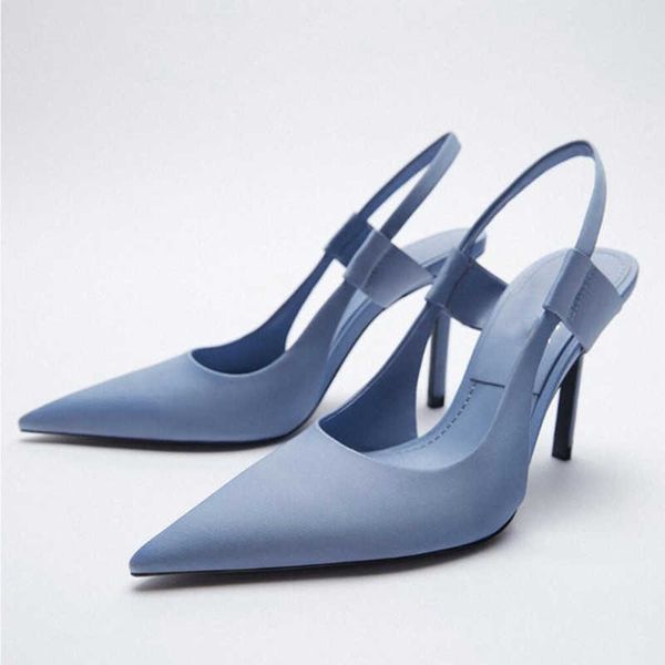 Sandálias outono azul salto alto women stetiletto bombas casuais pontas pontiagudas slingbacks sapatos lady rosa calcanhar moda 230406